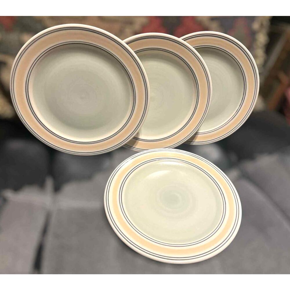 Pfaltzgraff Set 4 Key Largo 8.5" Stoneware Salad Plates Cream Yellow Green Bands